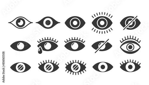 Vector Set Of Eye Icons In Black And White, Depicting Different States And Expressions Such As Open, Closed, Crying