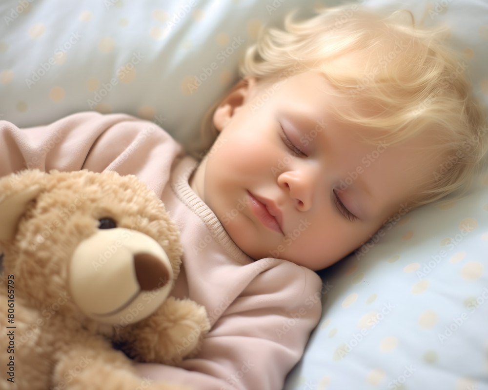 Blond child little boy sleeps like an angel in bed with a teddy bear Blond child little boy sleeps like an angel in bed with a teddy bear