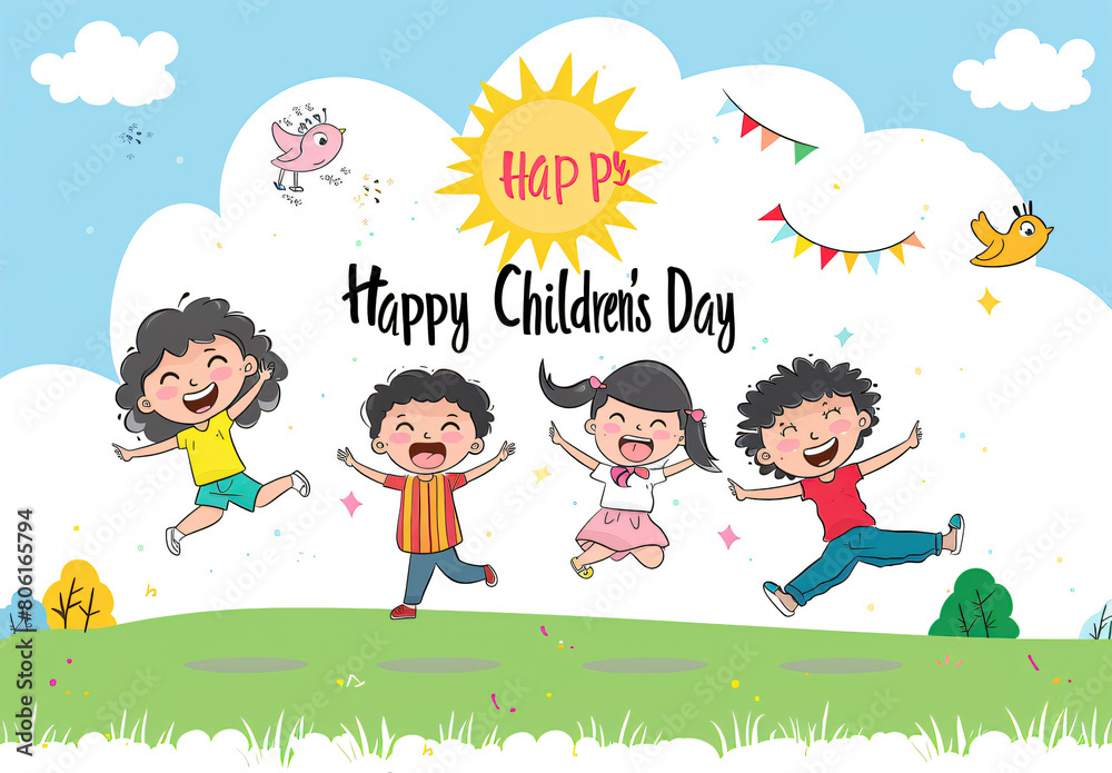 Global Celebration of Children's Day. Illustration Featuring Happy Children Enjoying Fun and Togetherness, Promoting Education and Friendship in a Colourful and Joyful Event Global Celebration of Children's Day. Illustration Featuring Happy Children Enjoying Fun and Togetherness, Promoting Education and Friendship in a Colourful and Joyful Event