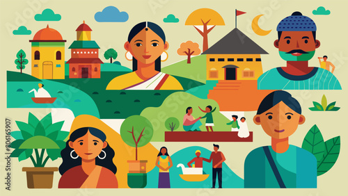 A series of paintings depicting the diverse landscapes and daily life of different villages in India showcasing the countrys vast cultural diversity..