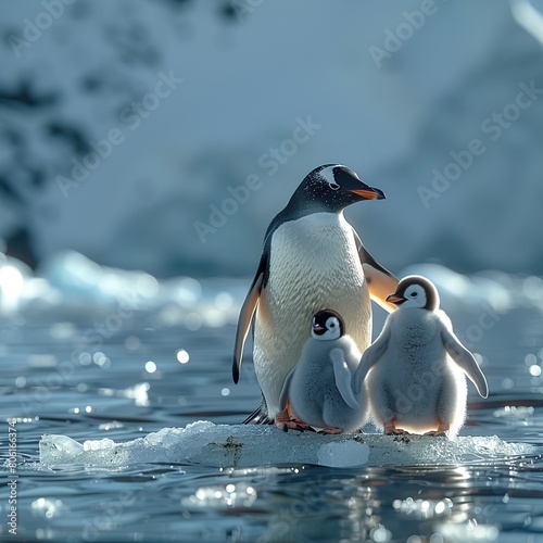 A mother penguin with two newborn baby standing in the snow  ice island  antarctica. Generative AI.