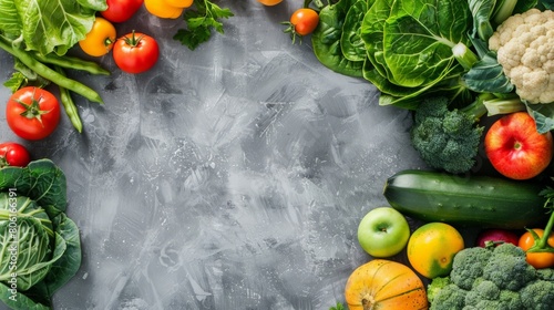 Healthy vegetables and fruits background image with copy space  against a dark grey slate background 