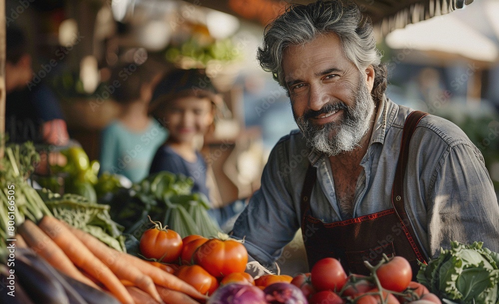 A gray-haired man with a beard stands at his vegetable stand in an outdoor market.