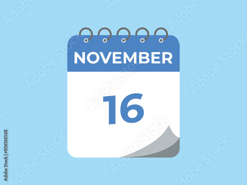 November  16 calendar reminder. 16 November  daily calendar icon template. Calendar 16 November  icon Design template. Vector illustration
