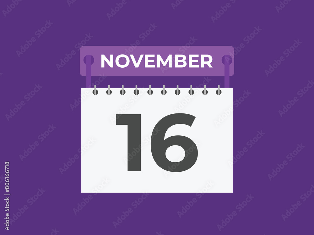 November 16 calendar reminder. 16 November daily calendar icon template. Calendar 16 November icon Design template. Vector illustration
November 16 calendar reminder. 16 November daily calendar icon template. Calendar 16 November icon Design template. Vector illustration