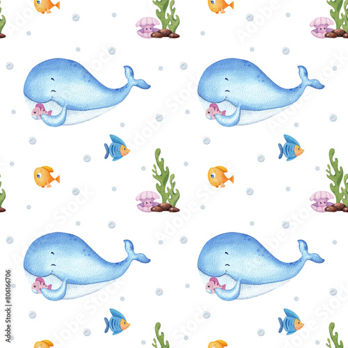 Seamless pattern with cute blue whales and fish. Watercolor hand painted illustration. Background in marine theme for fabrics print, baby s textile, wrapping paper.