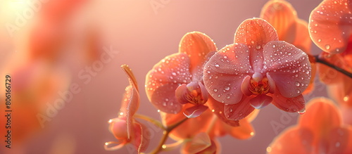 A branch of a blooming orchid on a peach fuzz background.