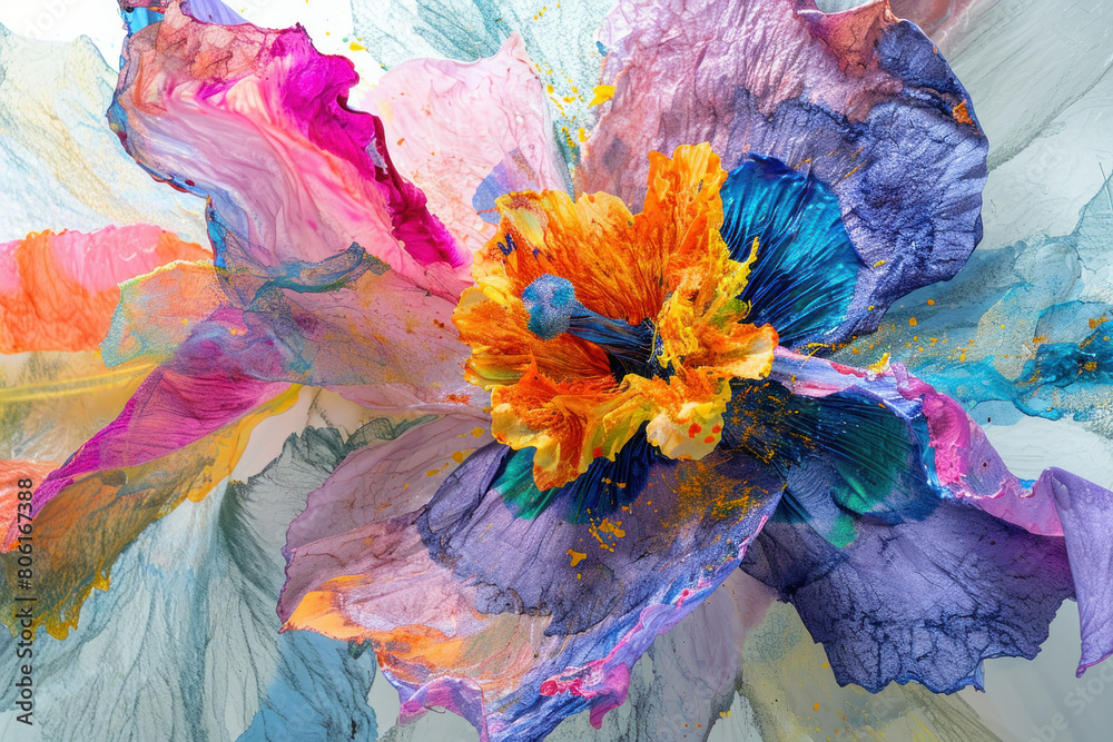 Vibrant Abstract Painting of a Colorful Flower with Splatters of Paint Artwork Blooming in Colors and Textures