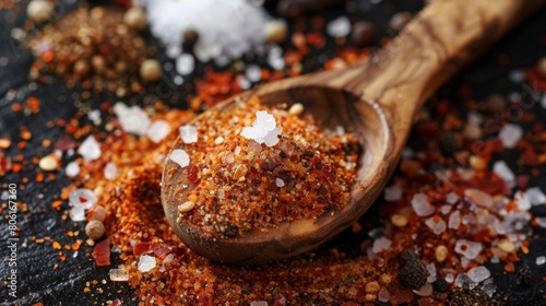 Fototapeta Naklejka Na Ścianę i Meble -  A wooden spoon scooping up a blend of salt, sugar, and chili powder, showcasing the harmonious balance of flavors in a seasoning mix.
