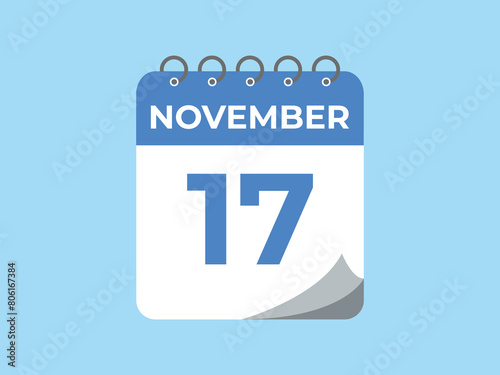 November  17 calendar reminder. 17 November  daily calendar icon template. Calendar 17 November  icon Design template. Vector illustration
