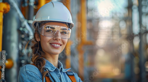 A smiling female worker wearing safety glasses and white hard hat, working at electric towers center. Generative AI. © visoot
