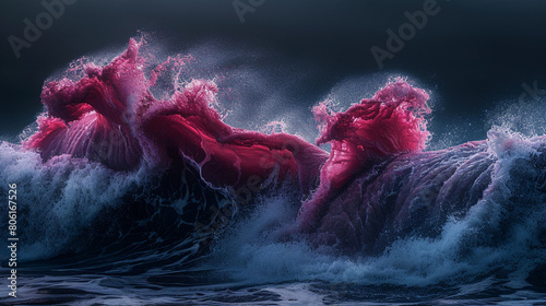 A powerful display of crimson and navy blue waves crashing together, their dramatic interaction mimicking the fierce beauty of a stormy sea. photo
