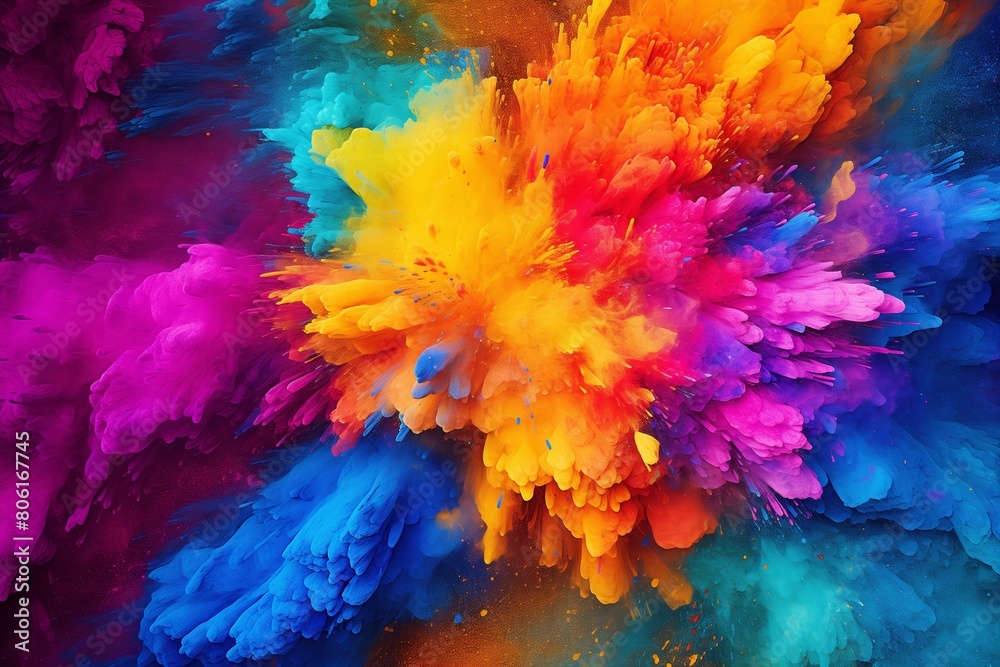 A dynamic and colorful explosion of powder captured against a dark background