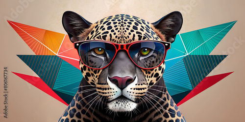 Fototapeta Naklejka Na Ścianę i Meble -  The stern-faced leopard is adorned with bright red glasses,which contrast strikingly with the speckled fur. The leopard is set against a background of abstract geometric shapes in different colours.AI