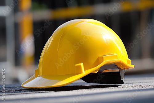 A bright yellow safety helmet abandoned on grey pavement, suggesting a break or end of a working day in the city