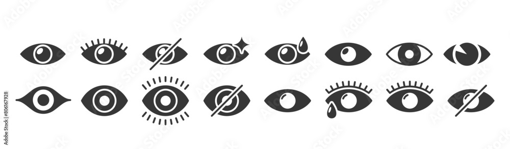 Vector Collection Of Different Monochrome Eye Icons Presented In A Simple Black And White Style. Vision Signs, Symbols