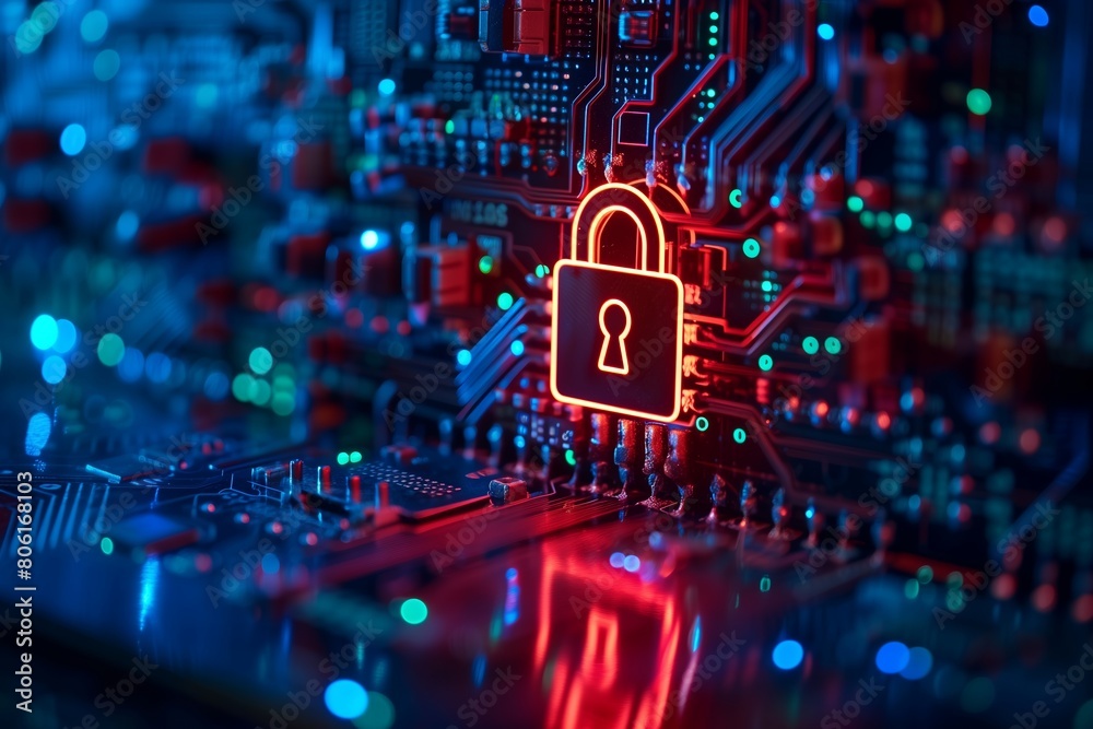 Illuminated padlock on intense blue and red high-tech background, emphasizing advanced digital security Illuminated padlock on intense blue and red high-tech background, emphasizing advanced digital security