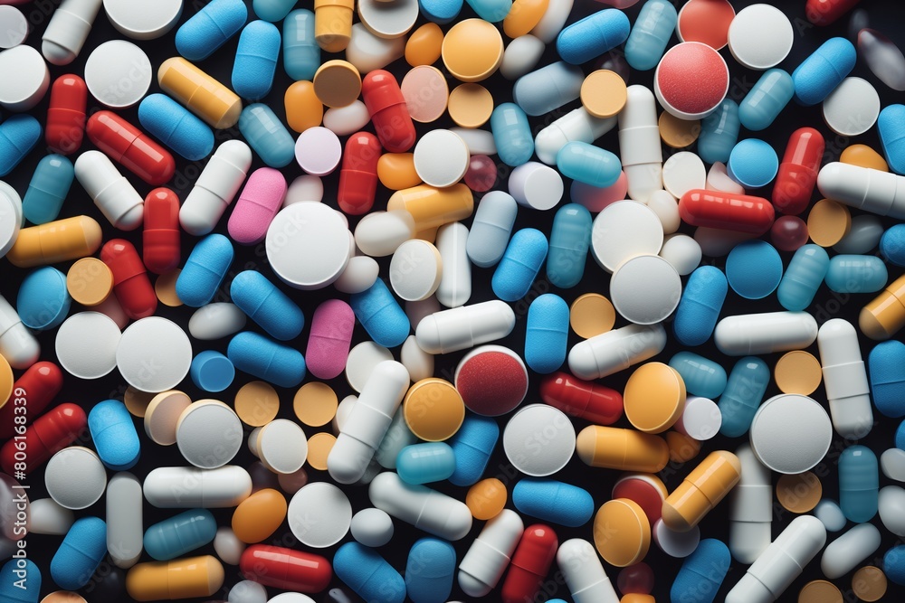 A dense collection of colorful pharmaceutical pills and capsules illustrating the concept of medical treatment A dense collection of colorful pharmaceutical pills and capsules illustrating the concept of medical treatment
