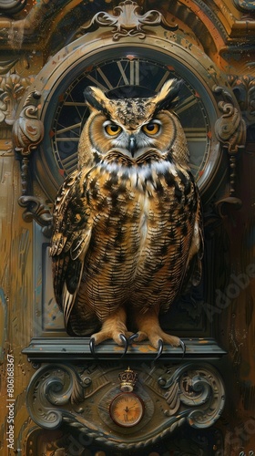 A gentle owl transforming into a wise, old wall clock, keeping time with a calm, soothing tick tock photo