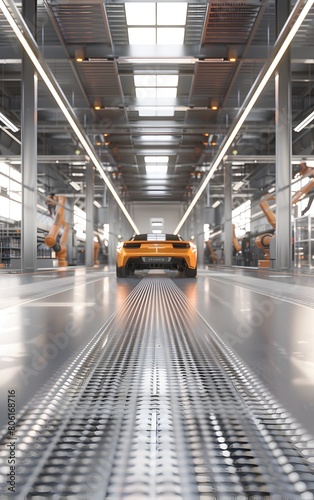 modern car factory, with robot arms working on the production line in the background, on a grey and white floor with steel grating