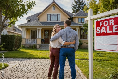 Happy couple hugging in front of their new house with a For Sale sign in the yard