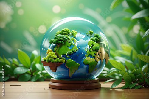 Green glass ball leaves that resembles the earth 3d illustration