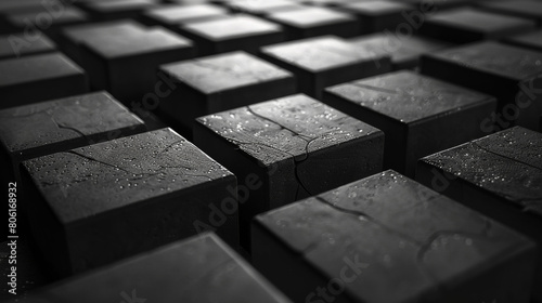 A close up of black cubes with a wet surface