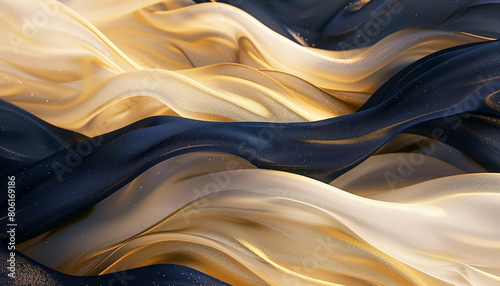 A soothing and tranquil scene of soft gold and navy blue waves flowing together, creating a luxurious visual that mimics the elegance of an evening gala. photo
