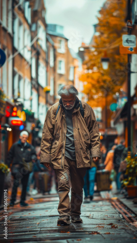 An older adult man walks alone with a sad face through the city