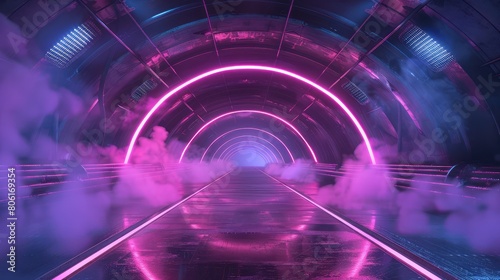 Smoke Sci Fi Oval,Arc Spaceship Glowing Neon Purple Blue Futuristic Virtual Grunge Concrete Cement Reflective Dark Night Tunnel Corridor Hallway Gate Ceiling Floor 3D Rendering Illustration