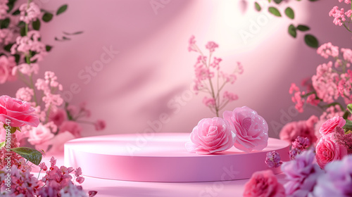 Pedestal on a pink floral background shows organic cosmetics and skin products and mockups. 3D illustration.