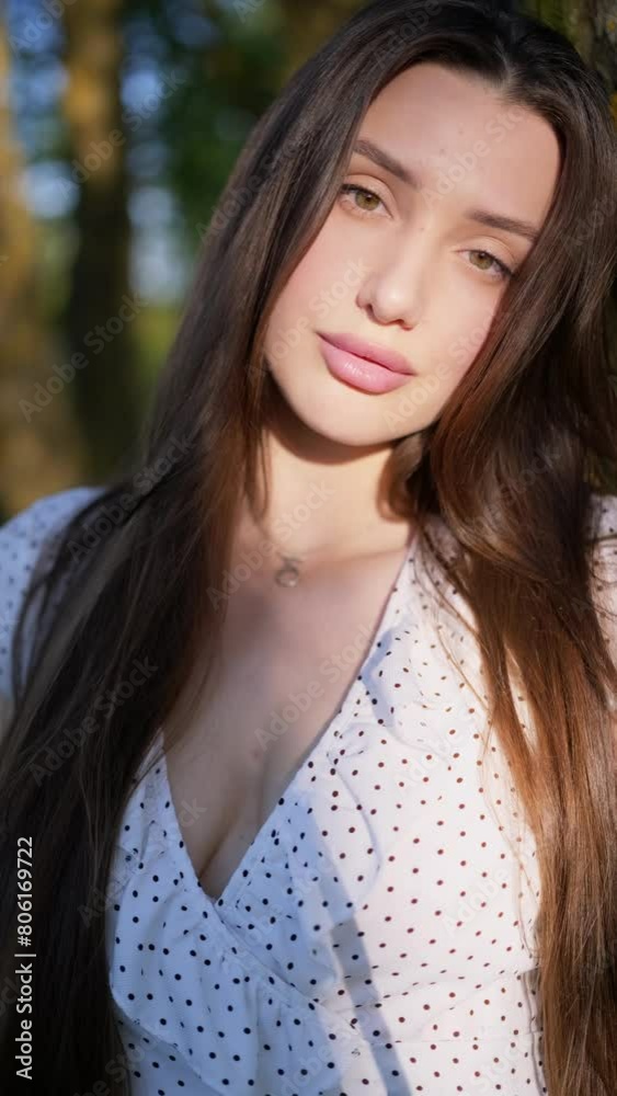 A long-haired brunette in nature on a summer day.Beautiful girl in a white dress outdoors in summer A long-haired brunette in nature on a summer day.Beautiful girl in a white dress outdoors in summer