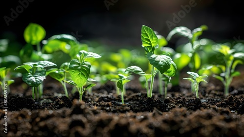 Growing seedlings in rich soil under morning sunlight symbolizing sustainable agriculture. Concept Sustainable Agriculture, Seedlings, Rich Soil, Morning Sunlight, Growing Process