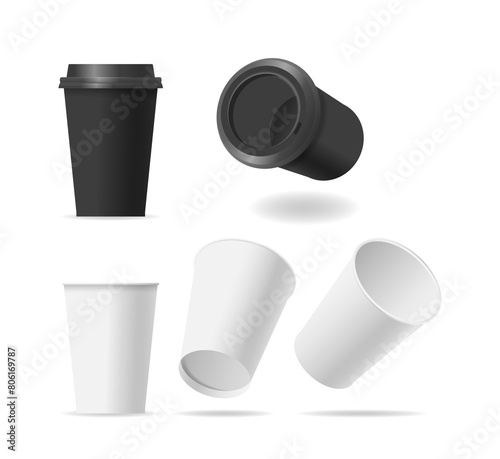 Realistic 3d Vector Set Of Paper Coffee Cups Various Views, Showcasing Different Angles Including A Standard Upright