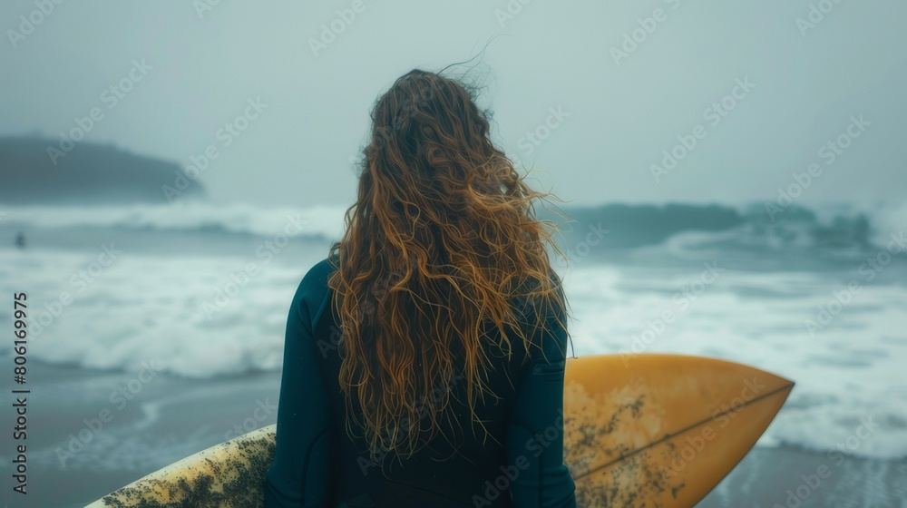 photo of woman with long curly hair holding surfboard on the beach, back view, soft light, cinematic, overcast weather, blue color theme in the style of by unknown artist. --ar 16:9

