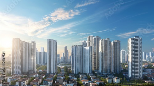 An urban panorama showcasing a cluster of high-rise buildings standing tall against the backdrop of a clear blue sky, symbolizing progress and ambition.