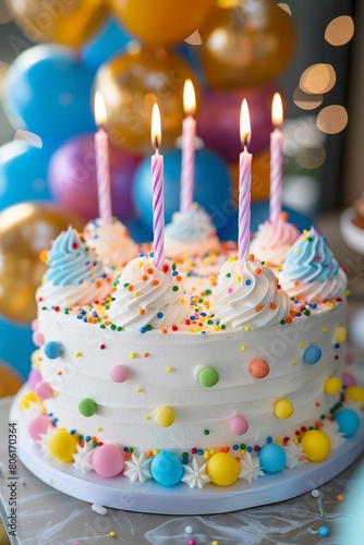 Macro shot of a birthday cake  balloons