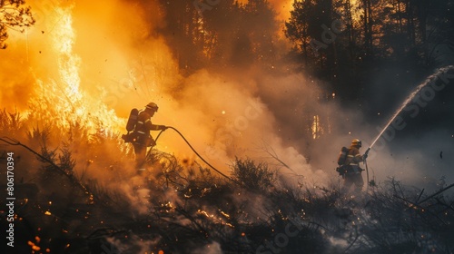 Firefighters battling a forest blaze with hoses and protective gear, working tirelessly to contain the inferno and prevent further devastation. photo