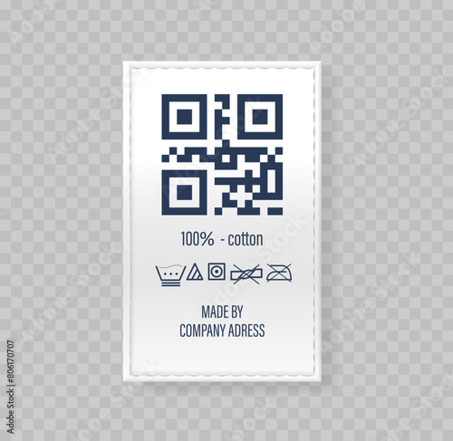 White Clothing Label Featuring A Qr Code, Text 100 Cotton, Care Instructions Icons, And Manufacturer Information