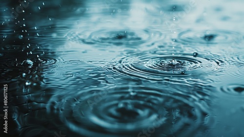 Raindrops falling on the ground  light blue background  circular ripples in water from rain  rainstorm  raindrops  in the style of fantasy  surreal  magical atmosphere  cinematic lighting.