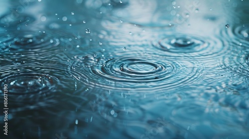 Raindrops falling on the ground  light blue background  circular ripples in water from rain  rainstorm  raindrops  in the style of fantasy  surreal  magical atmosphere  cinematic lighting.