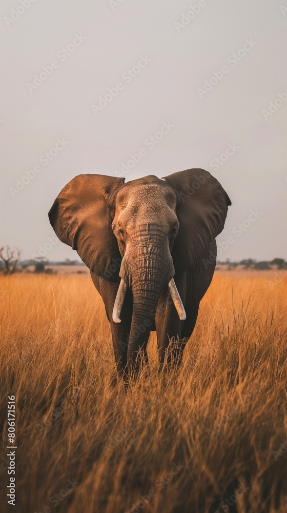 An elephant standing amidst tall grass in a field