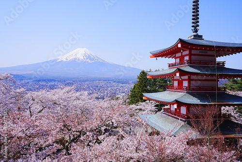 Mt. Fuji with Cherry Blossom and or Pink Sakura Flower and Five-story Pagoda over Blue Sky in Yamanashi, Japan - 日本 山梨県 新倉山浅間公園 春の桜 富士山 五重塔