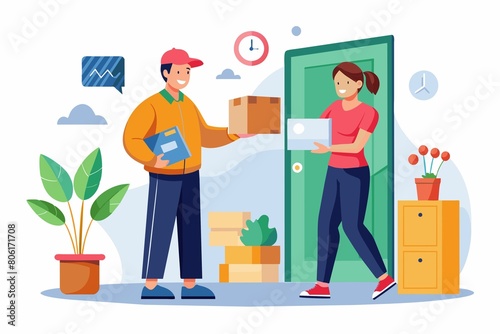 Courier gives box to customer.delivery services. Flat vector illustration. © ArtfuIInfusion769