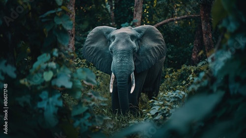 An elephant standing in dense forest foliage