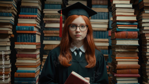 Portrait of a red-haired girl in glasses and robes on the background of a library with stacks of books