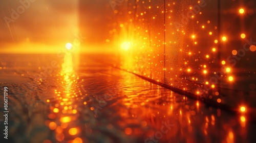 Raindrops falling on a windowpane, lit by a street lamp.