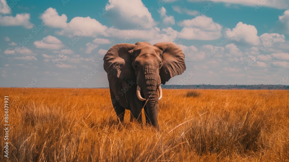 An elephant standing among tall grass in a field