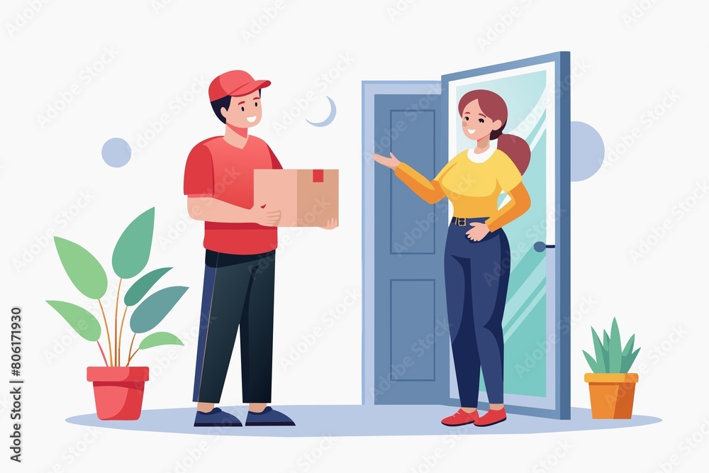 Courier gives box to customer.delivery services. Flat vector illustration.
