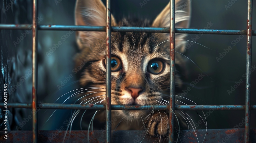 Cat peers through the metal bars of cage, symbolizing the plight of ...
